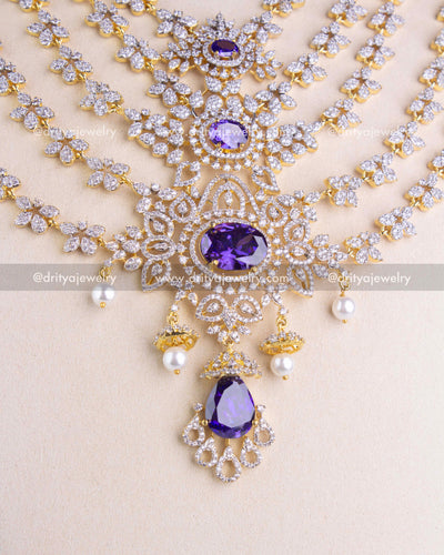 1230 - Close-up of central pendant with purple stones, CZ detailing and pearl drops