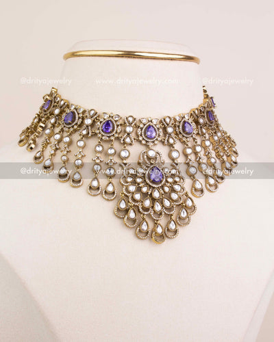 1237-PU front view of purple stone polki kundan bridal choker