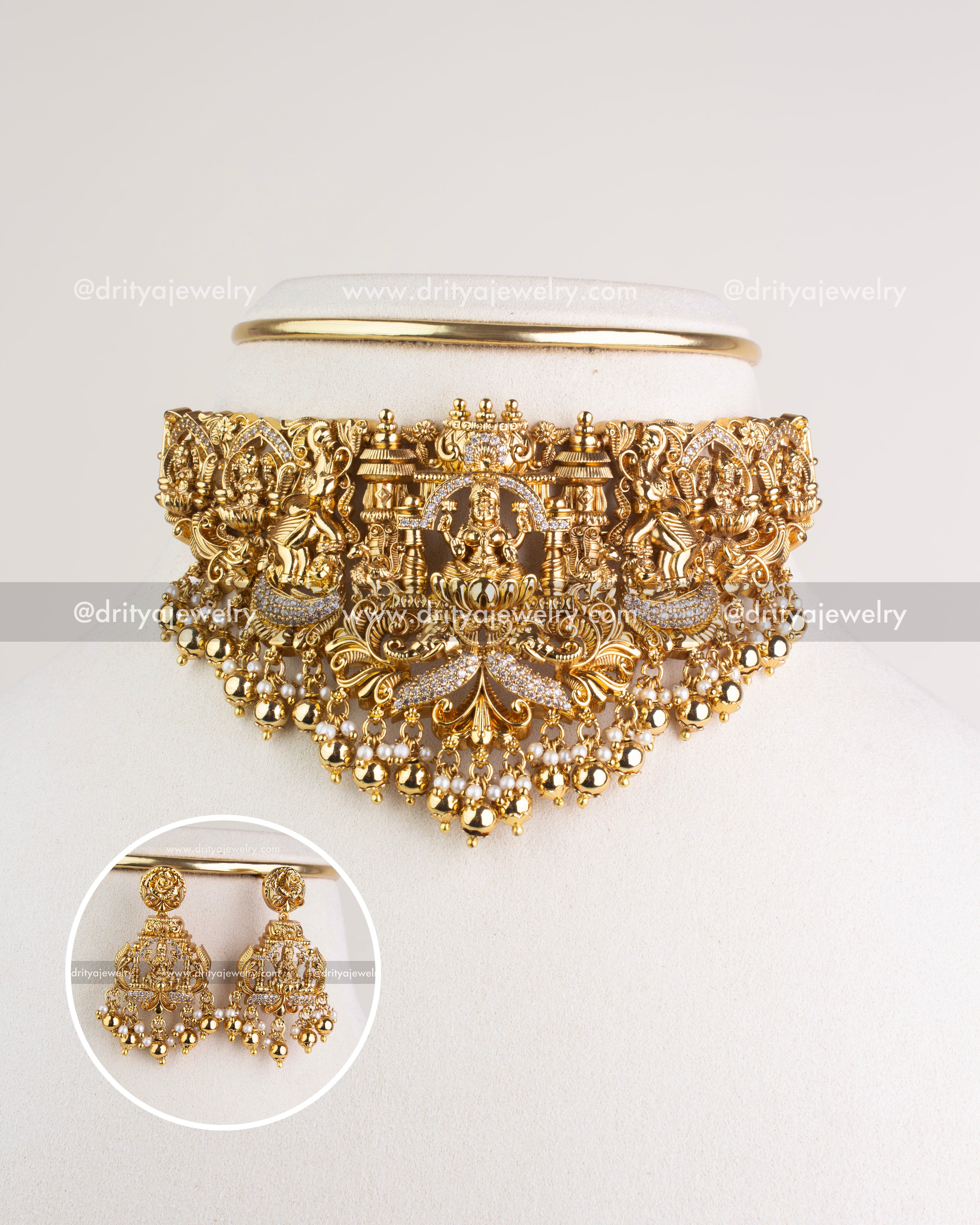 SKU 1128 Necklace Set front view of choker with inset image of matching jhumka earrings