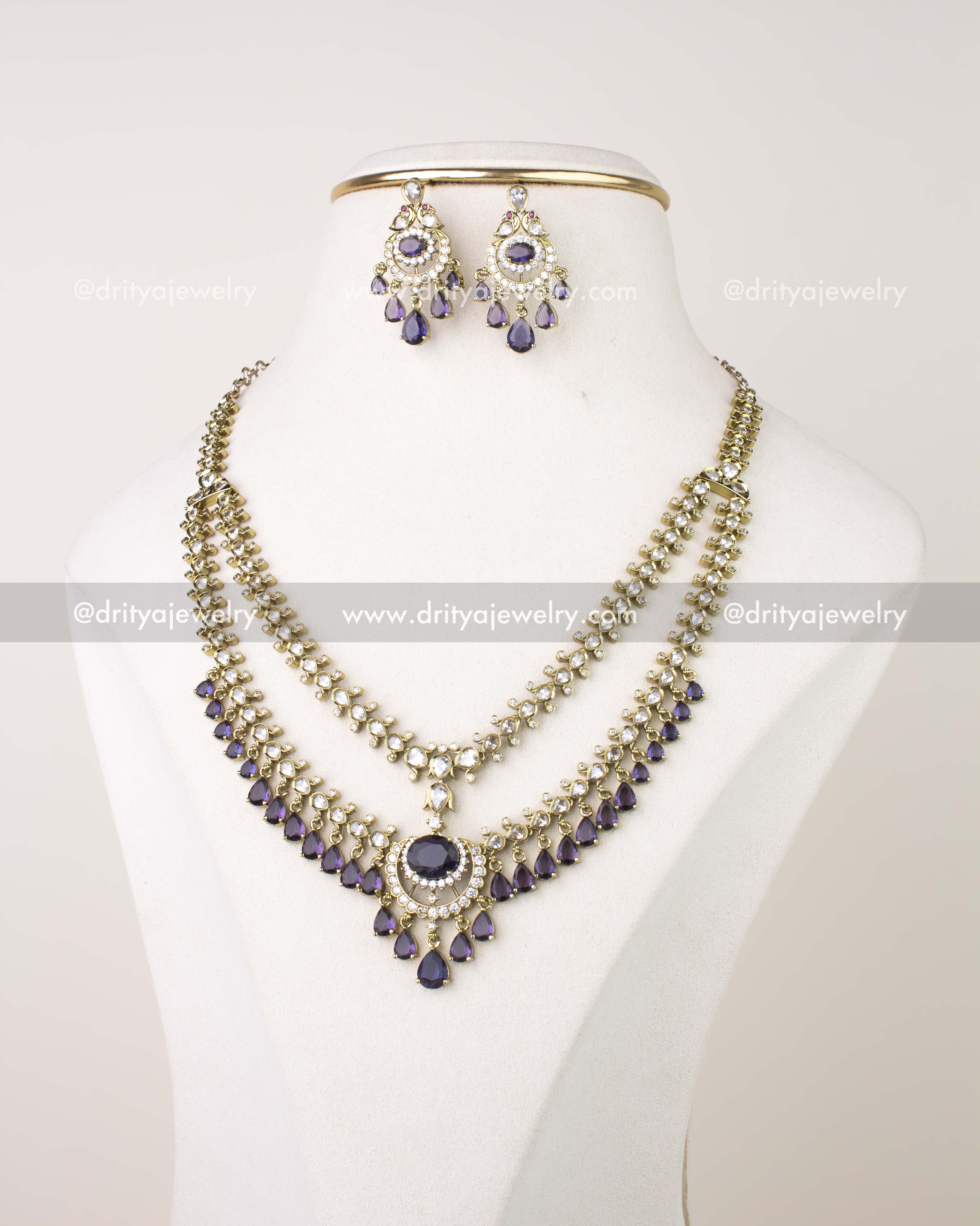 1088-PU - Layered Victorian purple stone necklace set with earrings front view