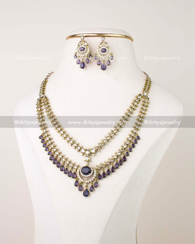 1088-PU - Layered Victorian purple stone necklace set with earrings front view