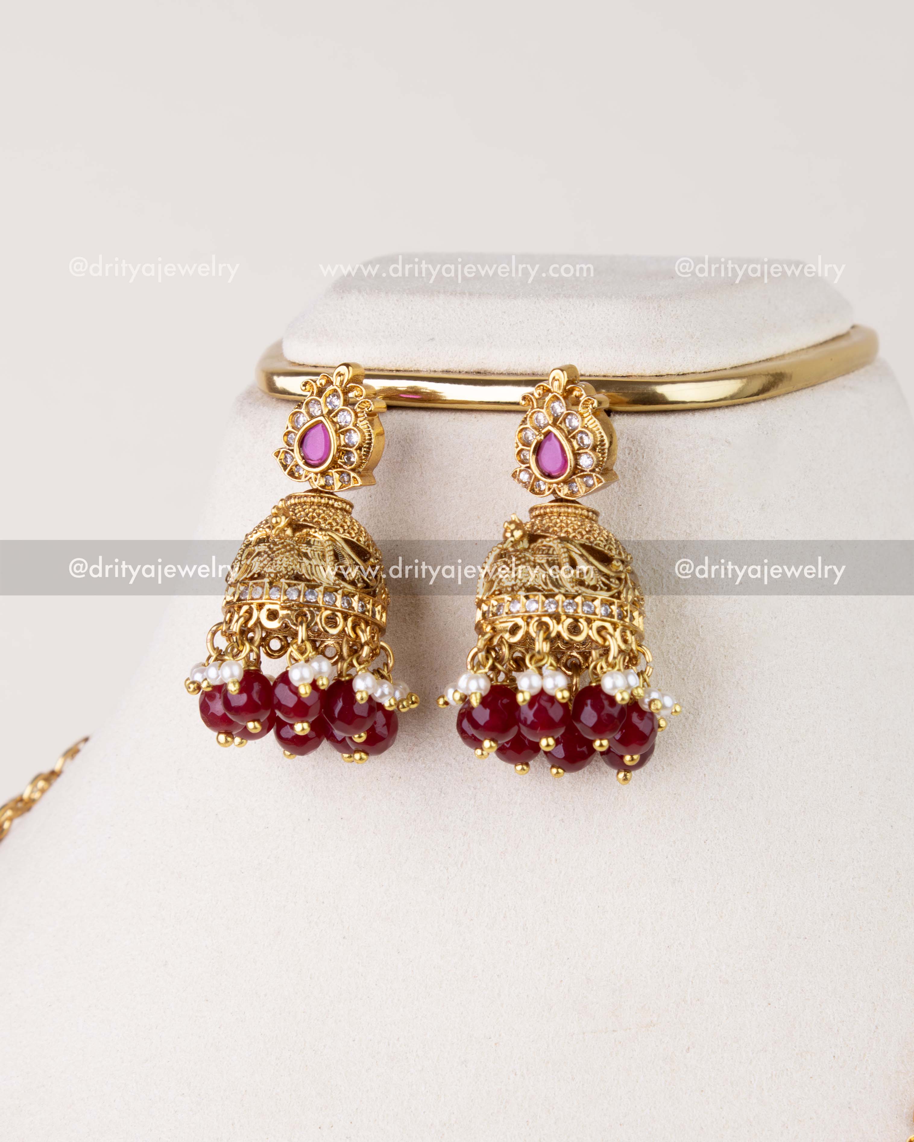 1270-R matching jhumka earrings with ruby bead clusters and pearl accents