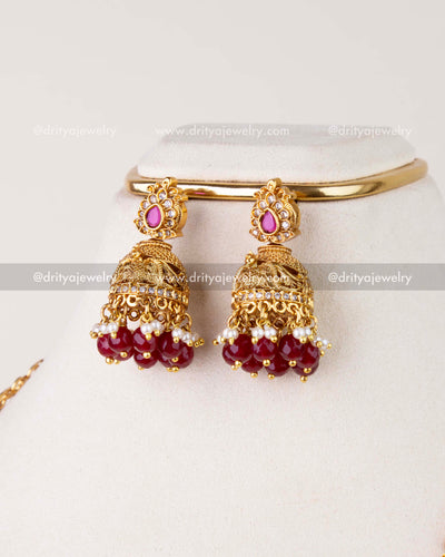 1270-R matching jhumka earrings with ruby bead clusters and pearl accents