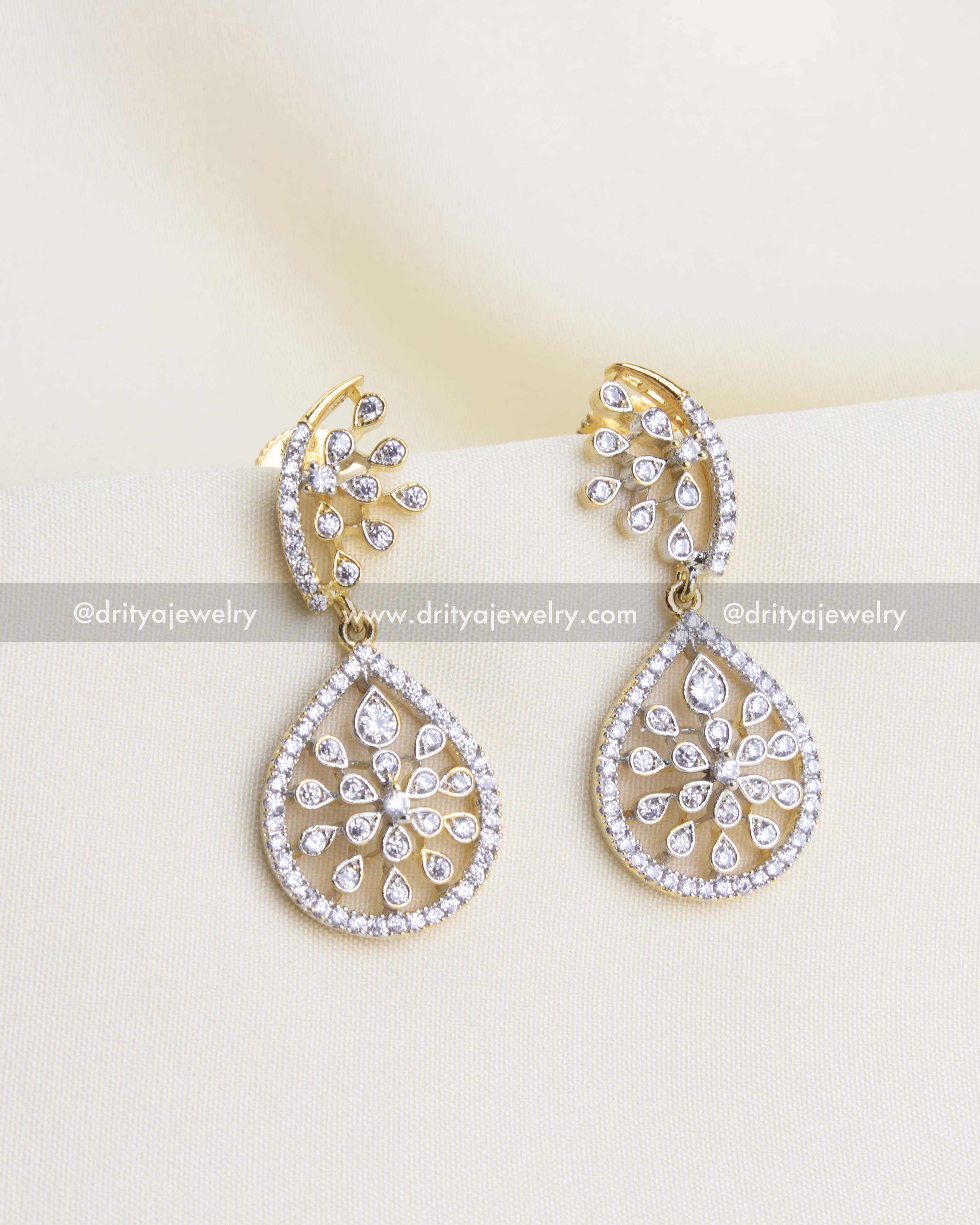SKU 1151 Necklace Set - Close-up front view of CZ teardrop floral stud earrings