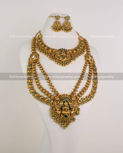 Full display of premium bridal temple necklace combo with long and short necklaces and earrings 1244-SET