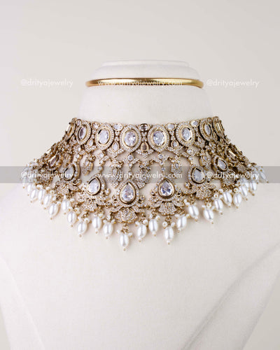 1275-W full front view of Victorian diamond white choker necklace with pearl fringe