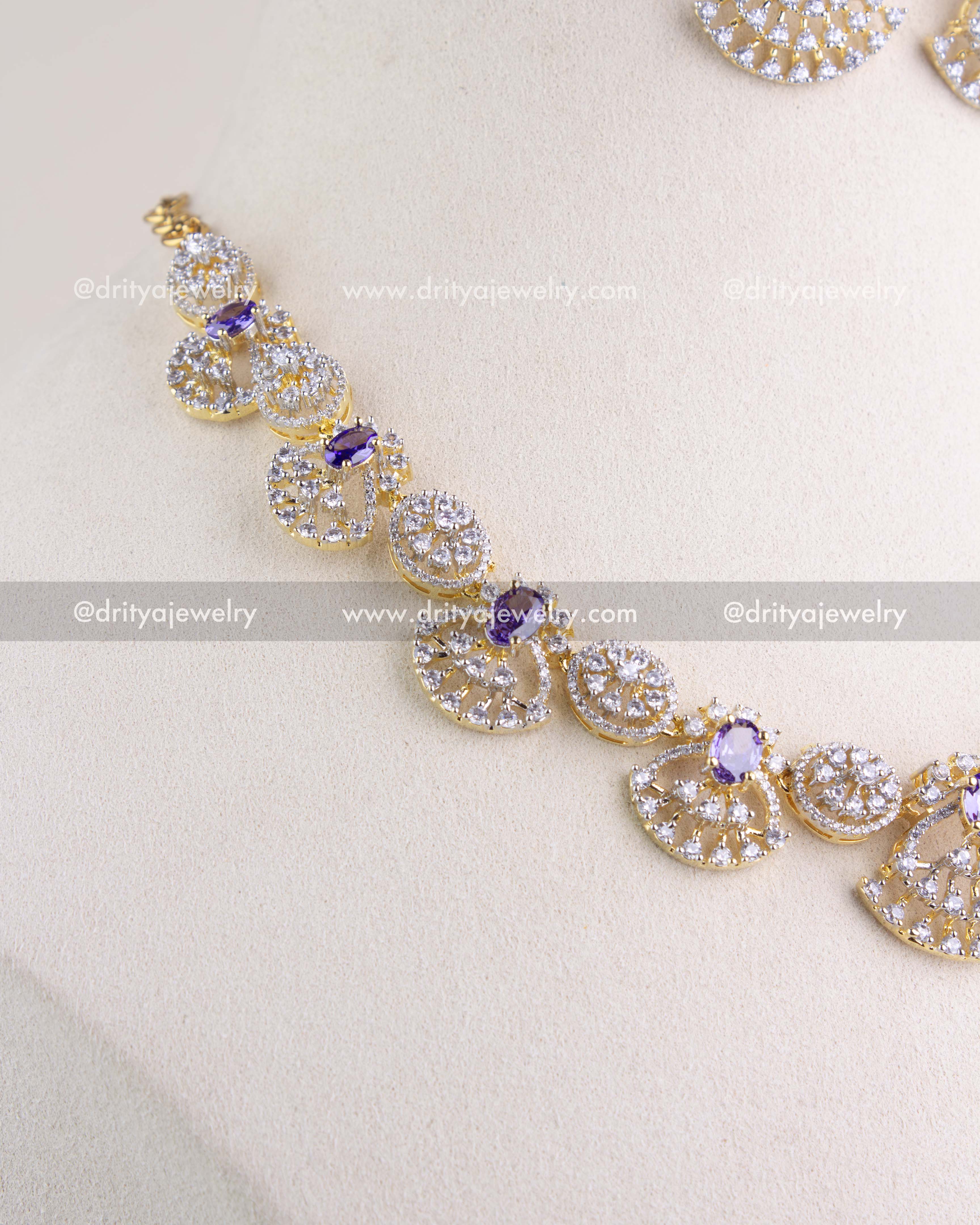 1211-PU close-up side view of CZ and purple stone short necklace detailing