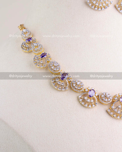 1211-PU close-up side view of CZ and purple stone short necklace detailing