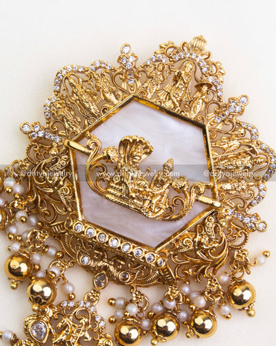 SKU 1100 Necklace Set close-up of Vishnu god idol pendant with white marble-style backing and bead drops