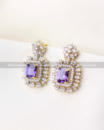 1276-PU earrings close-up with purple centre stone and diamond replica halo