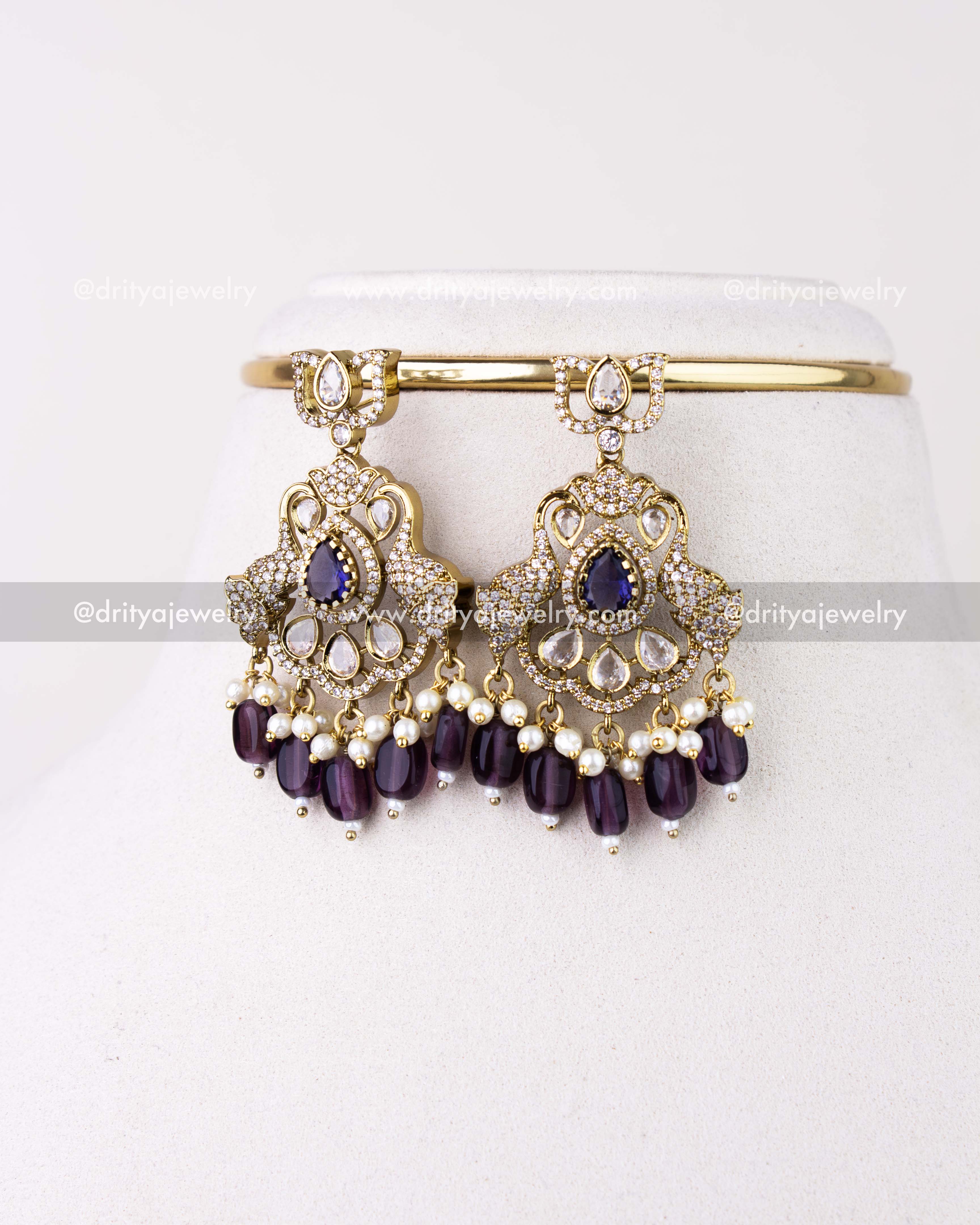 1309-PUCN matching purple stone and bead dangler earrings front view
