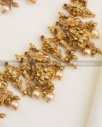 SKU 1127 Necklace Set detailed side view of deity panels, ruby stones and pearl drops