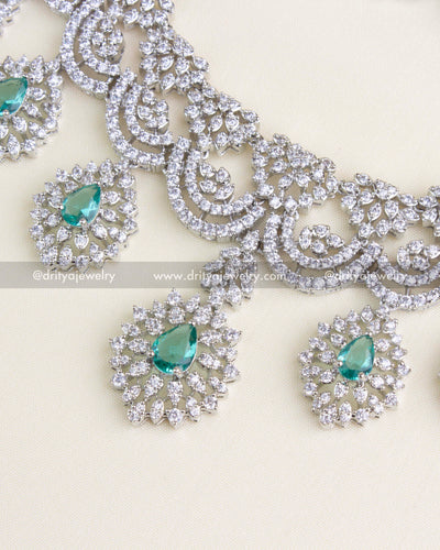 SKU 1136 Necklace Set - Side angle of necklace and detachable emerald-tone pendants