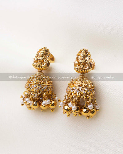 1101-W Lakshmi temple jhumka earrings close-up front view