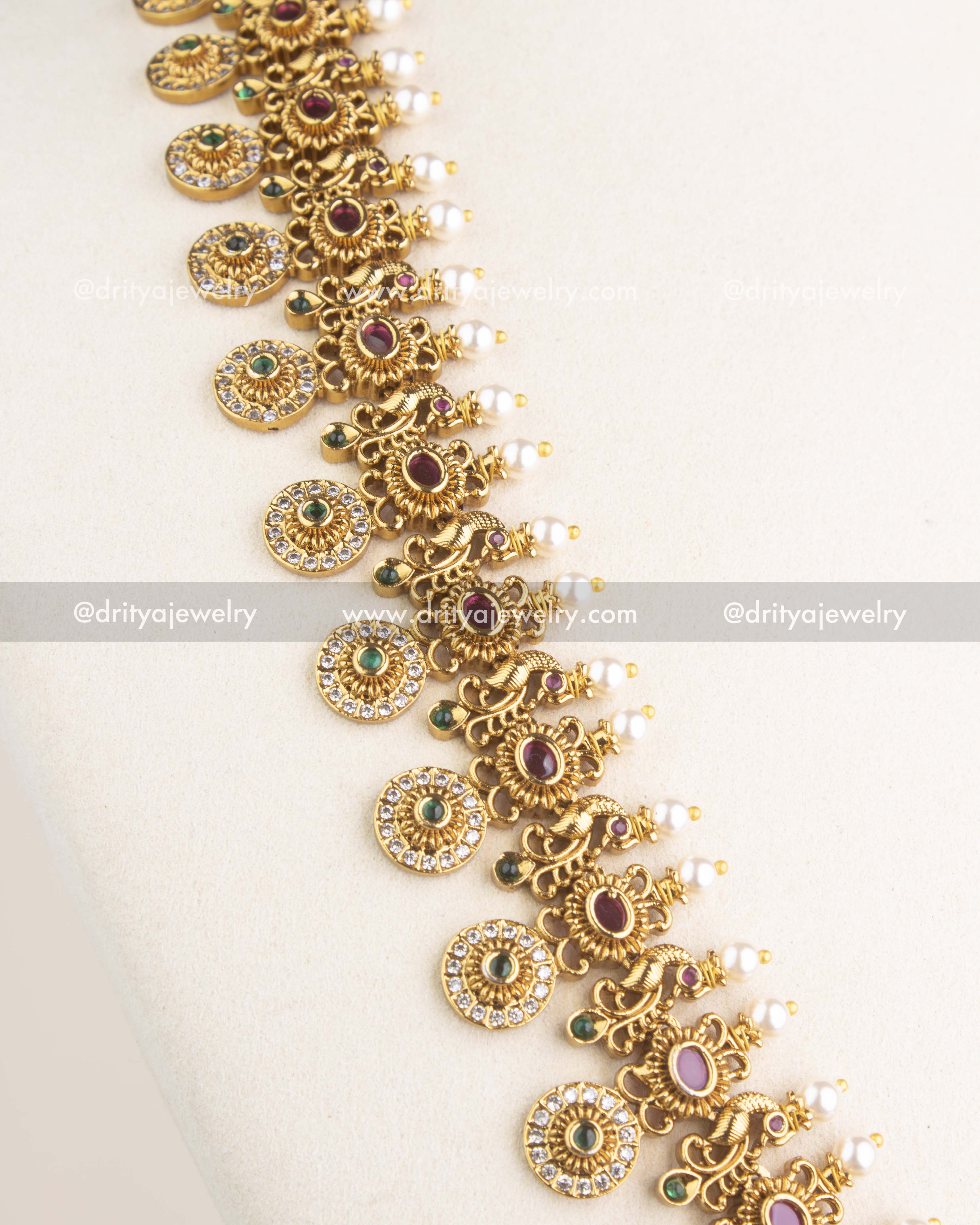 SKU 1159 Necklace Set angled view showing full length of antique bottu mala long necklace