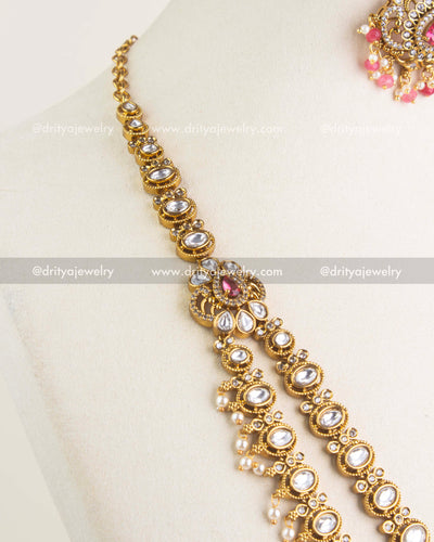 1156-R - Necklace Set - Close-up side view of layered kundan long necklace strand