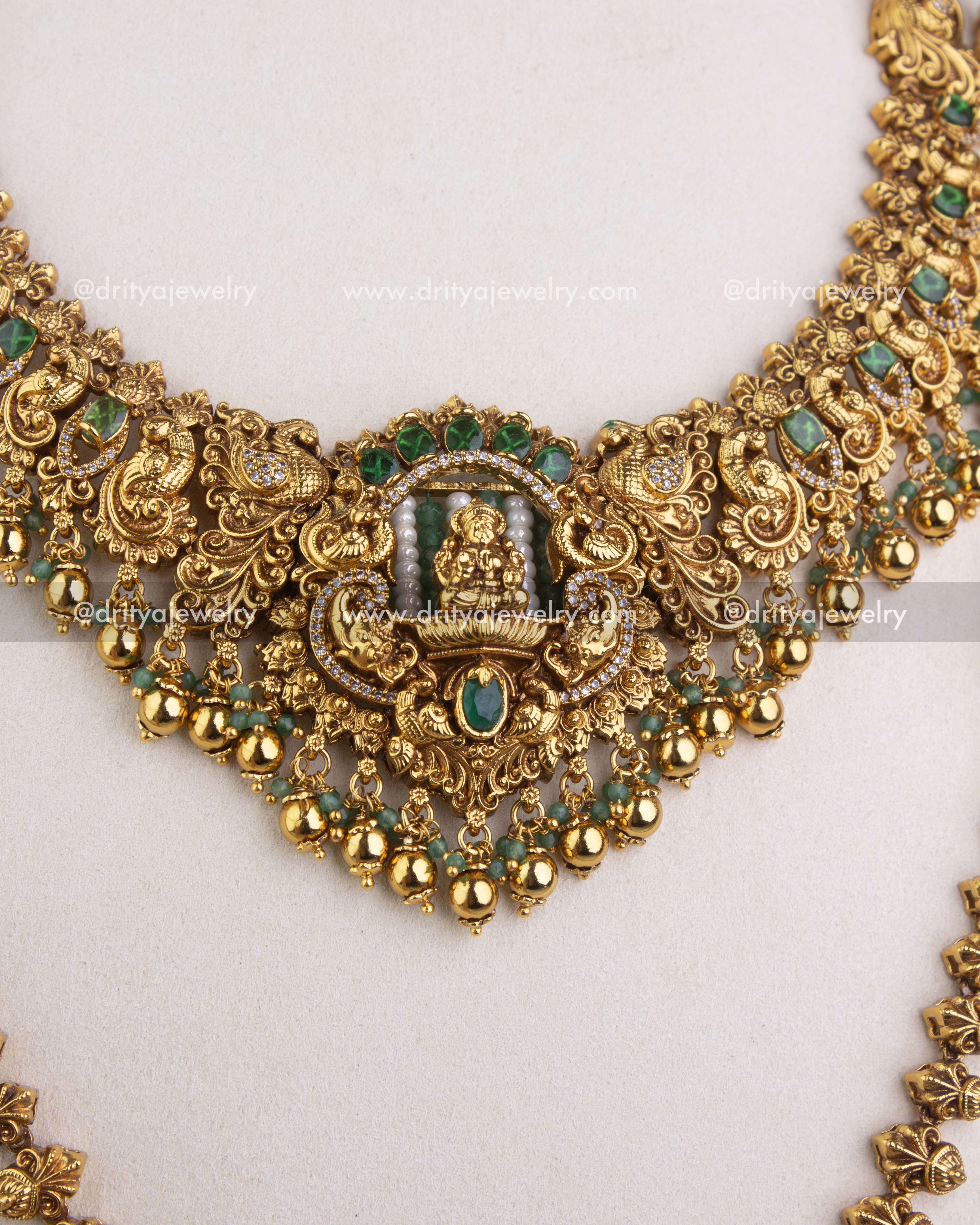 Short temple necklace pendant with Lakshmi idol and green stone cluster drops 1244-SET