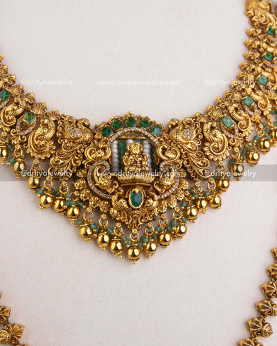Short temple necklace pendant with Lakshmi idol and green stone cluster drops 1244-SET