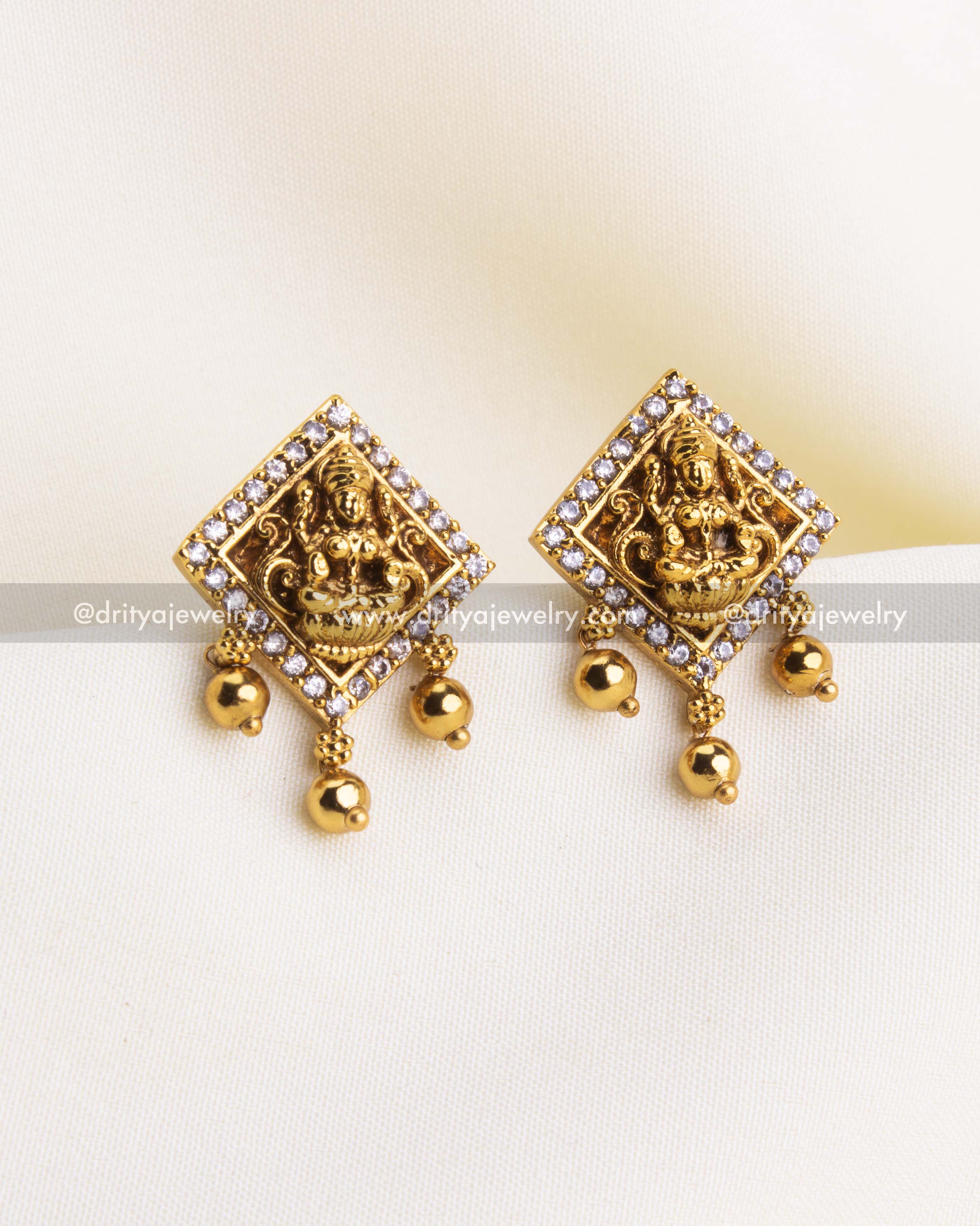 SKU 1155 - Earrings - Front view of square temple stud earrings with god idol motif and bead drops