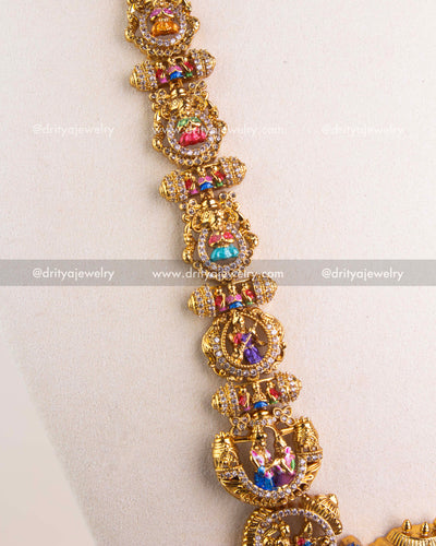 SKU 1246 - Detailed view of long necklace links with colourful meenakari deity motifs