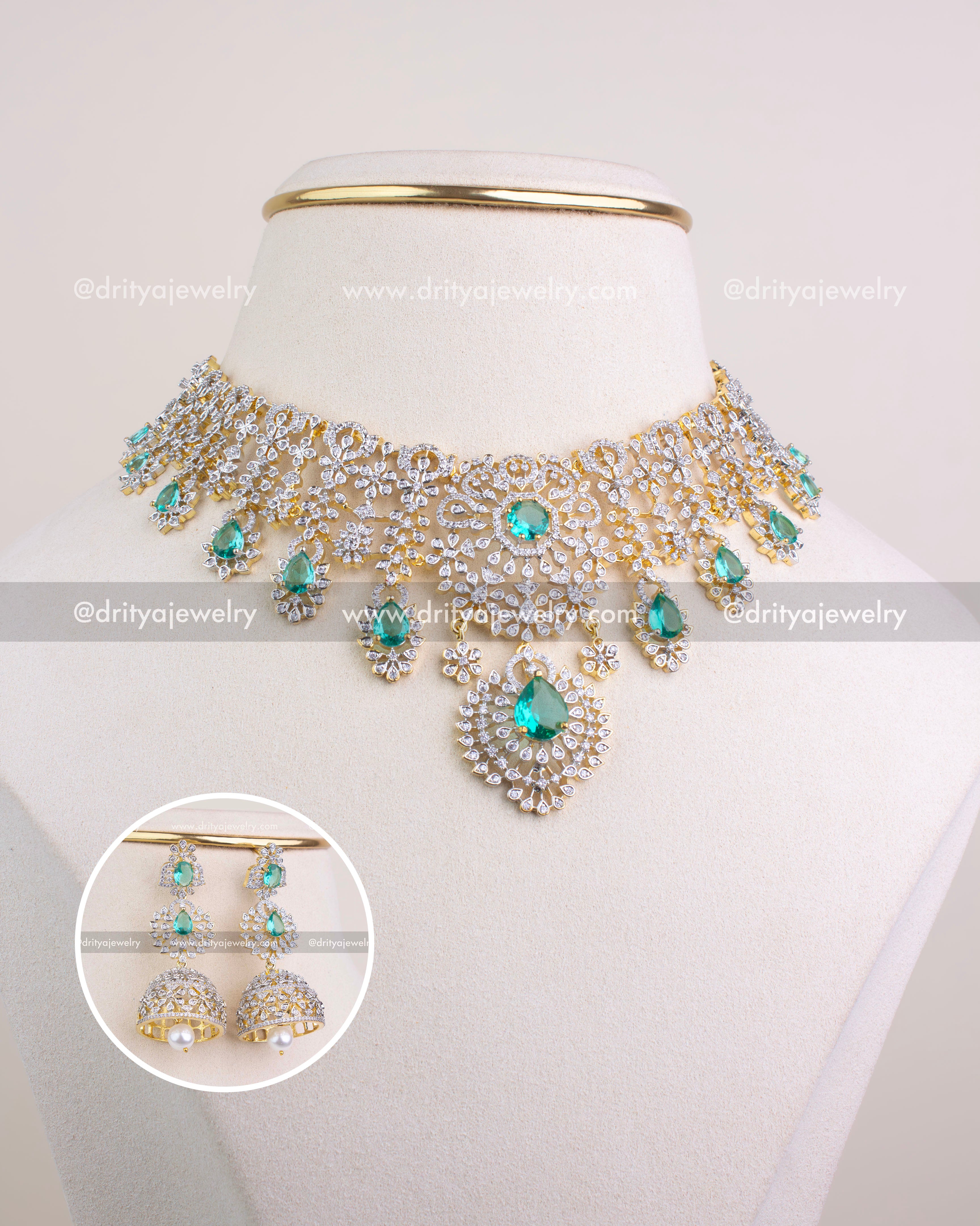 1227 - Premium emerald CZ short necklace set with matching jhumka earrings front view