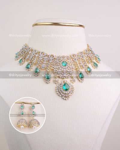 1227 - Premium emerald CZ short necklace set with matching jhumka earrings front view