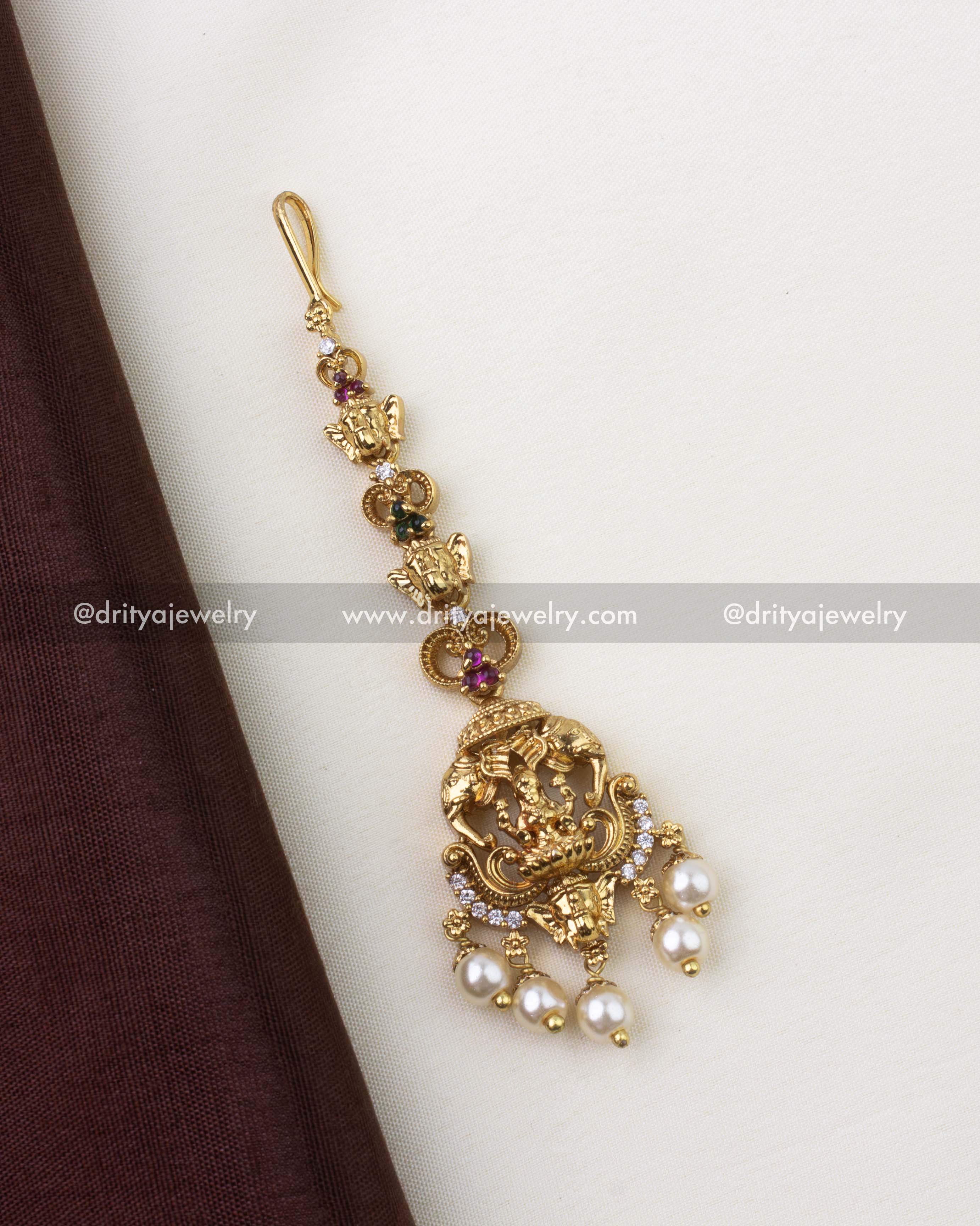 1265 - Full view of antique temple Lakshmi maang tikka with ruby emerald stones