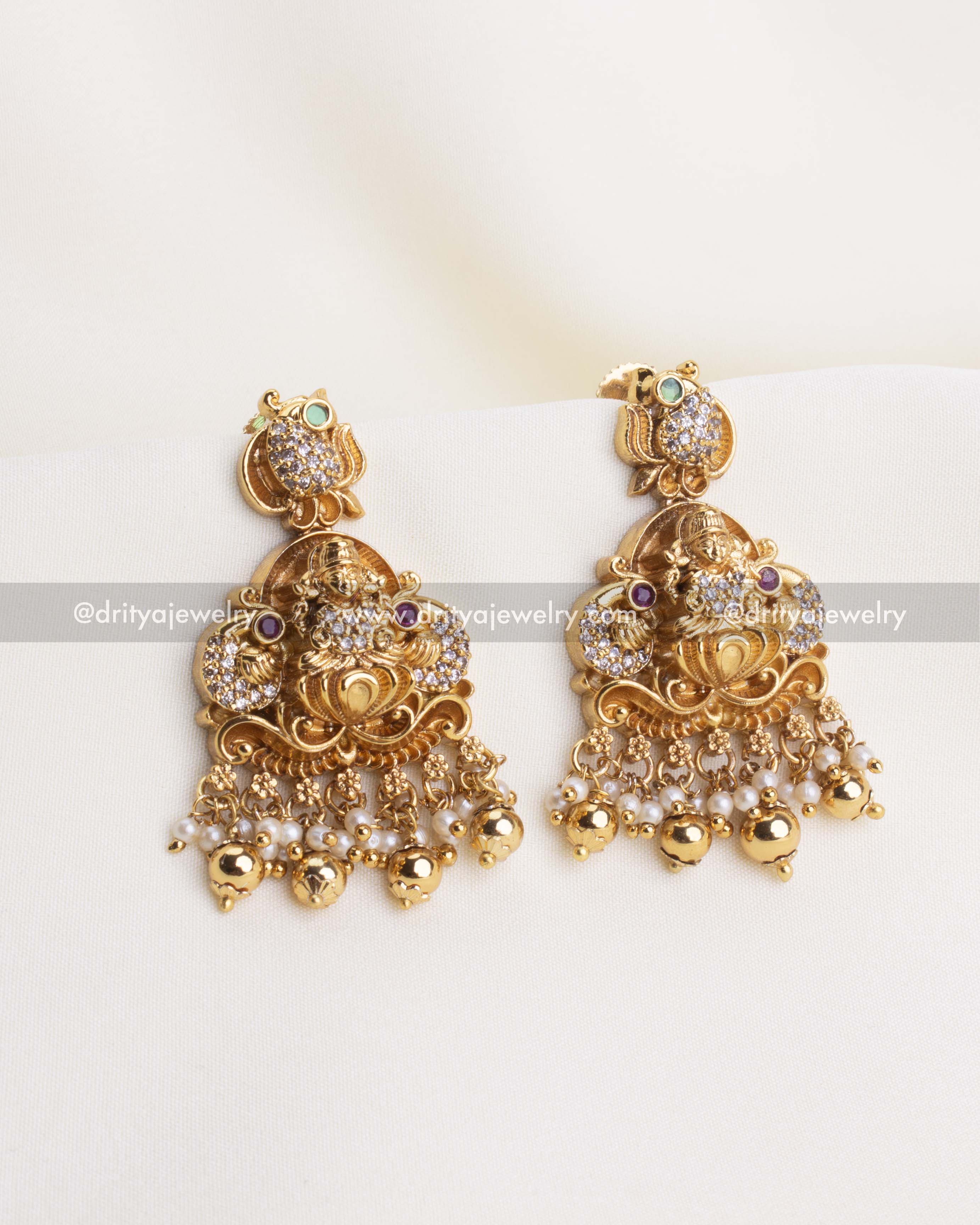 700-GGO - Necklace Set - Close-up front view of god idol dangler earrings with pearl and bead drops