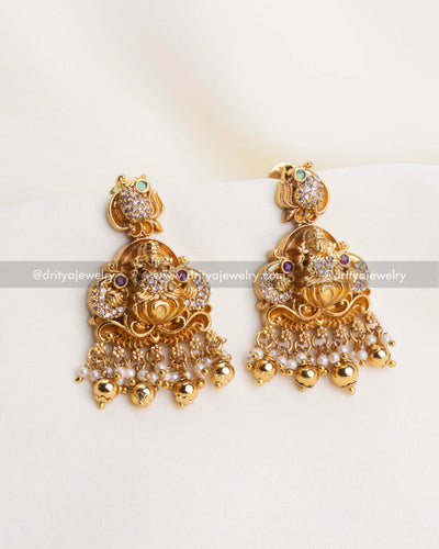 700-GGO - Necklace Set - Close-up front view of god idol dangler earrings with pearl and bead drops