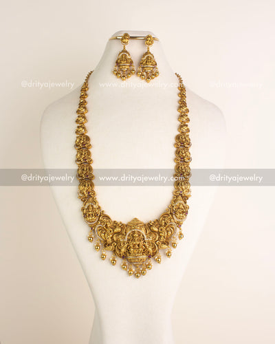 1176 Necklace Set front view showcasing full god idol long necklace with matching earrings on bust