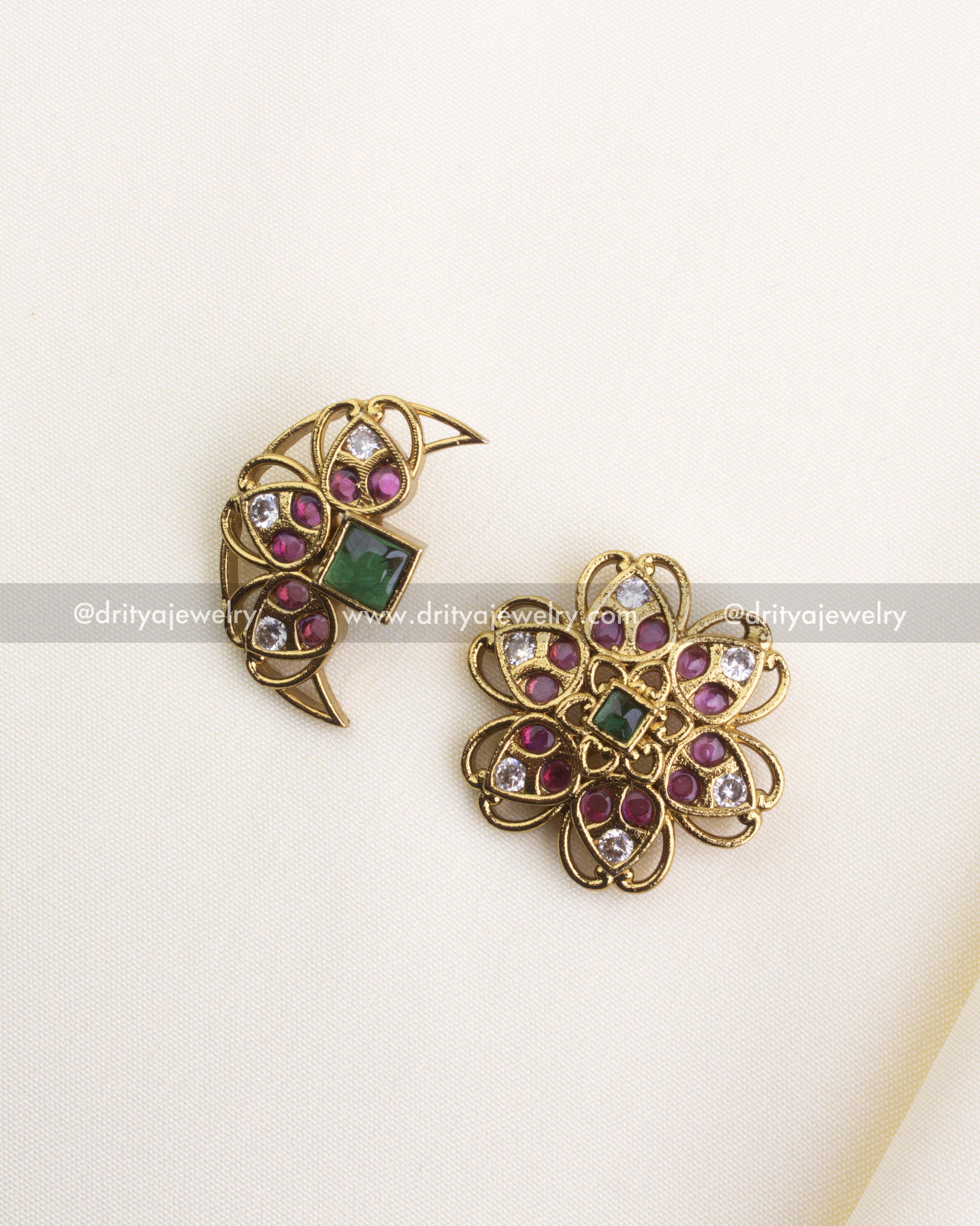SKU 1149 - Earrings - Angled top view showing crescent moon and floral sun studs