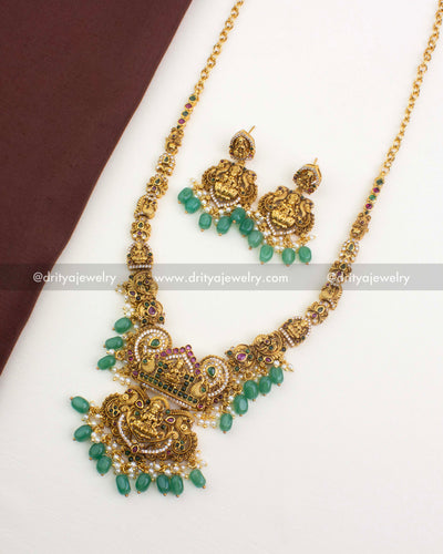 1249-G premium temple short necklace set with matching earrings and green beads