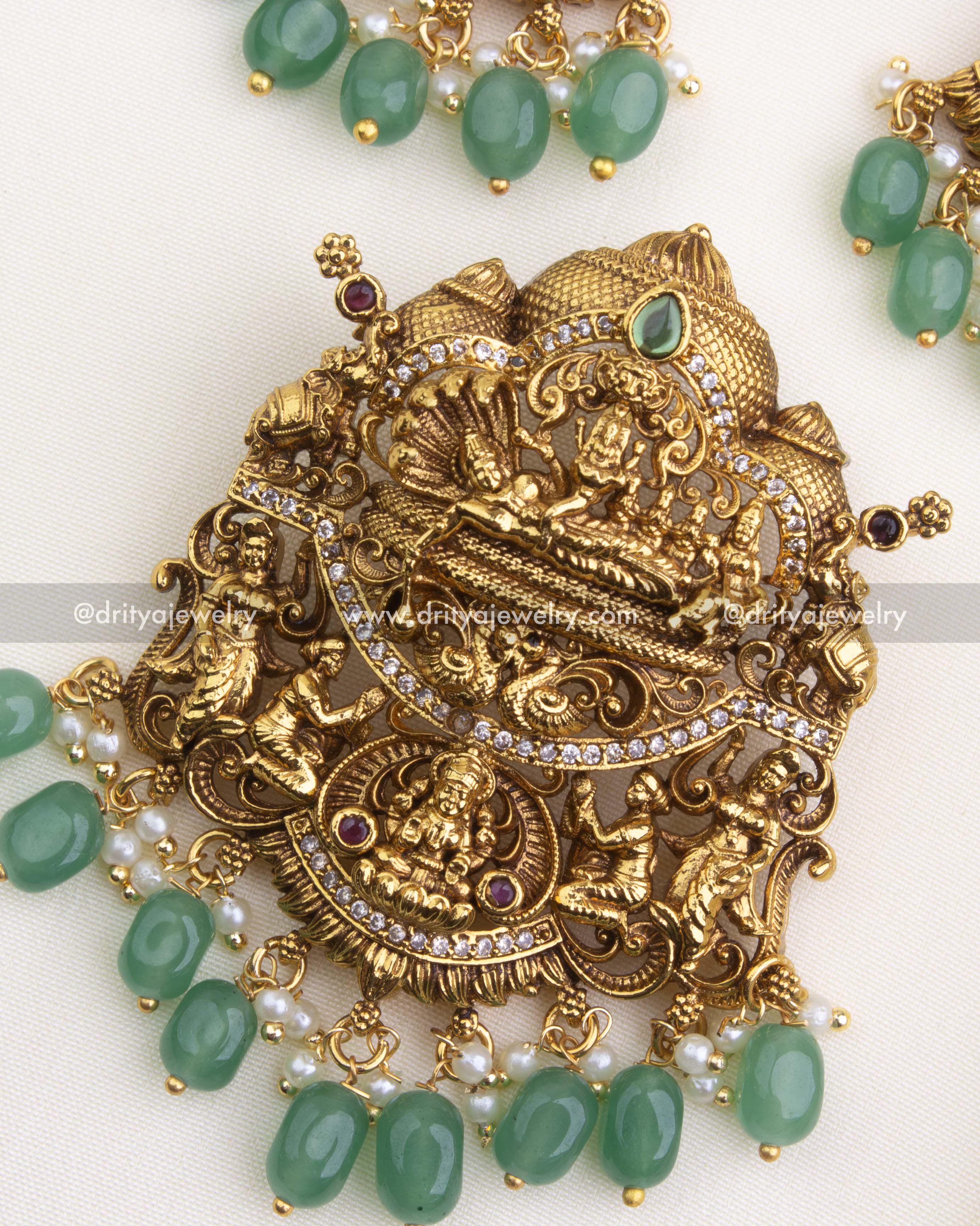 SKU 1165 close-up of Lord Vishnu temple pendant with green and pearl bead drops