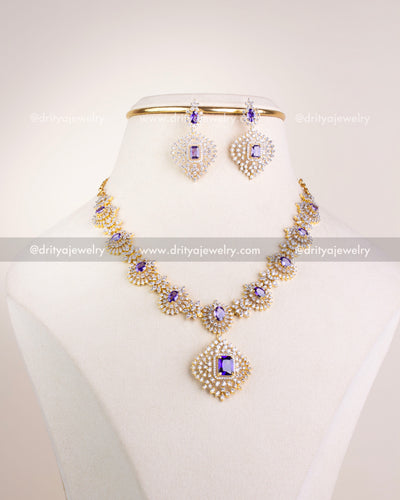 1210-PU complete premium purple CZ necklace set with earrings and maang tikka