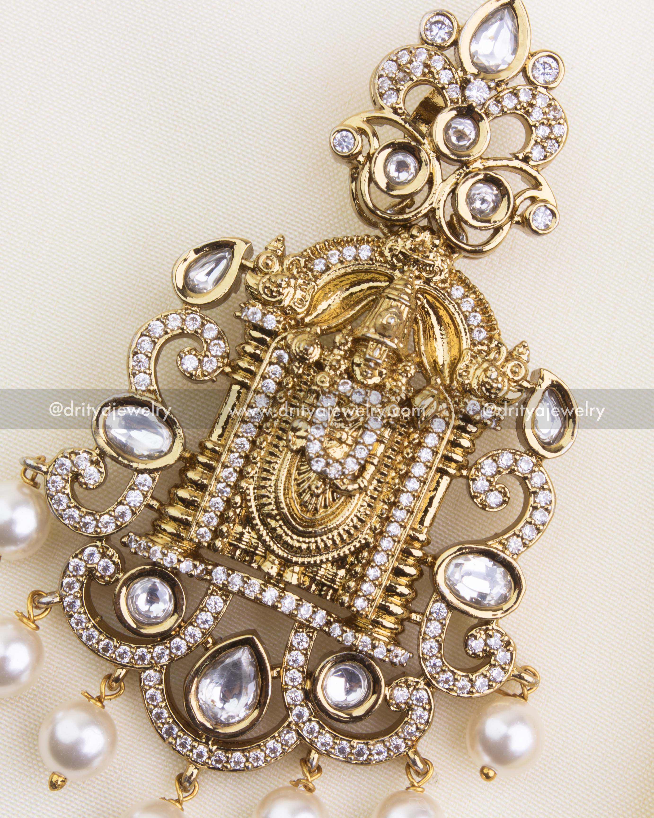SKU 1190 Venkateswara Swamy pendant close-up with white pearl hangings