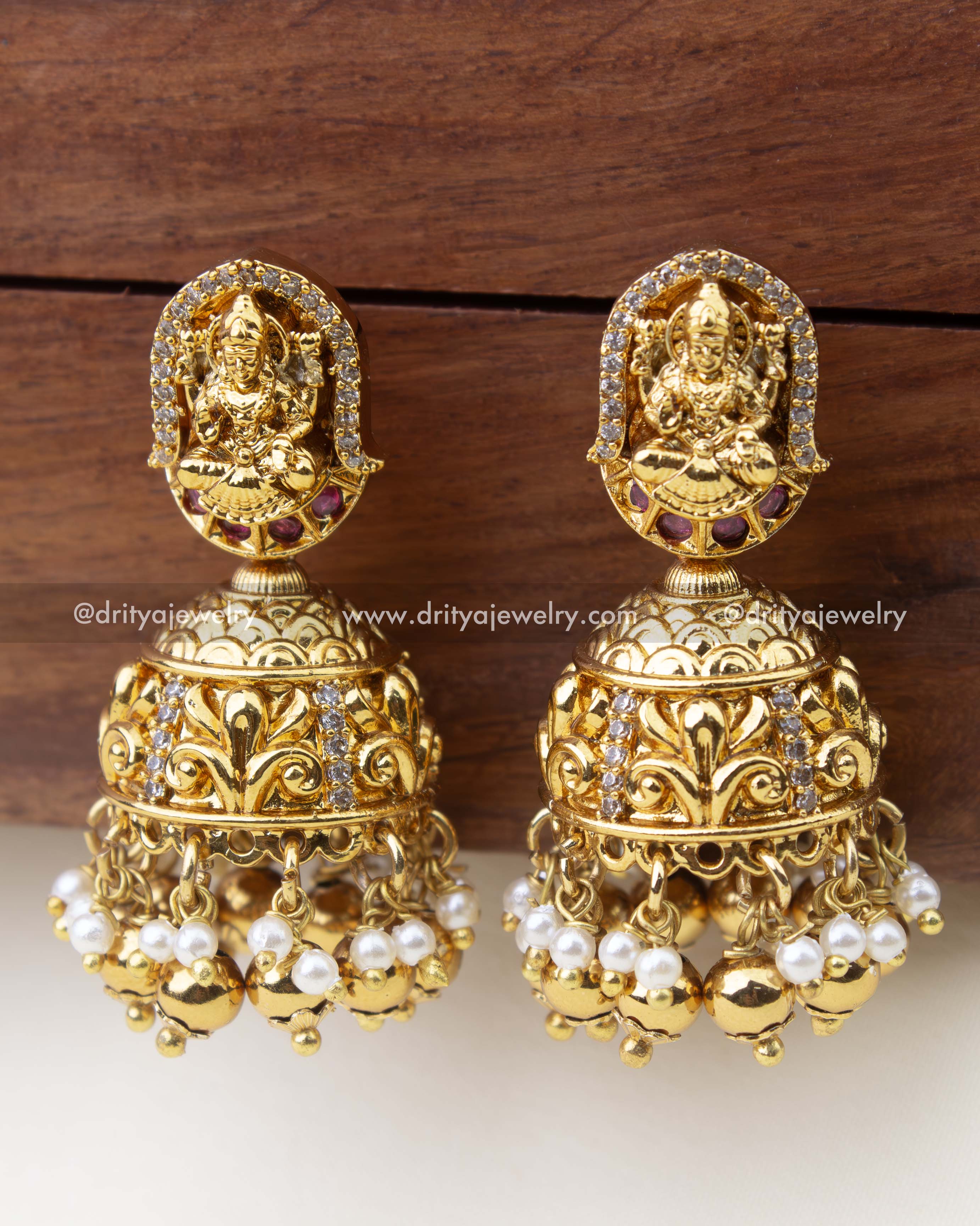 1267-G - Temple Lakshmi jhumka earrings close front view