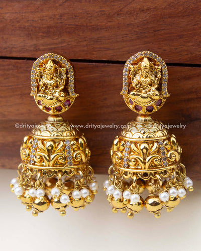 1267-G - Temple Lakshmi jhumka earrings close front view