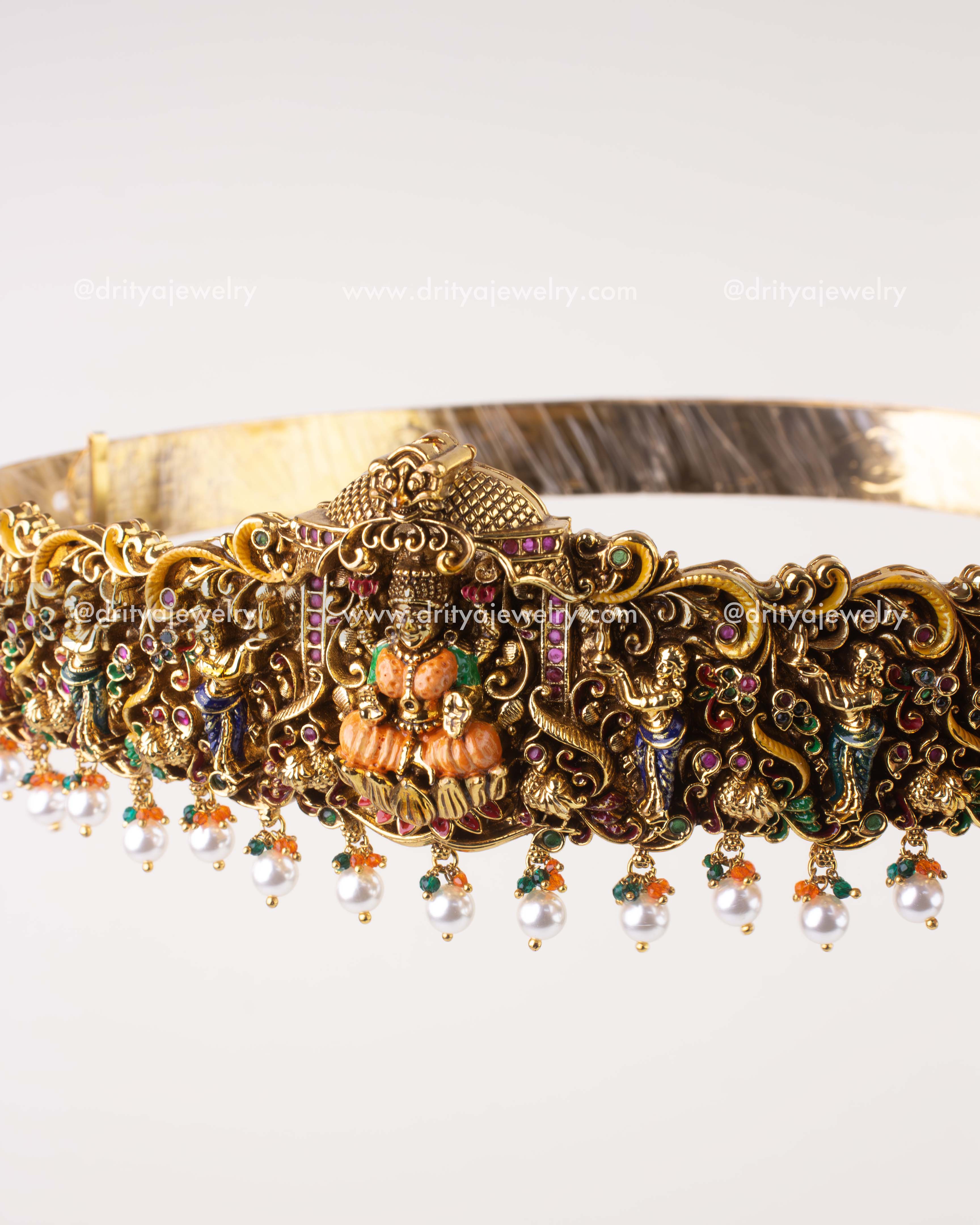 Angled view of premium antique gold replica Lakshmi waist belt