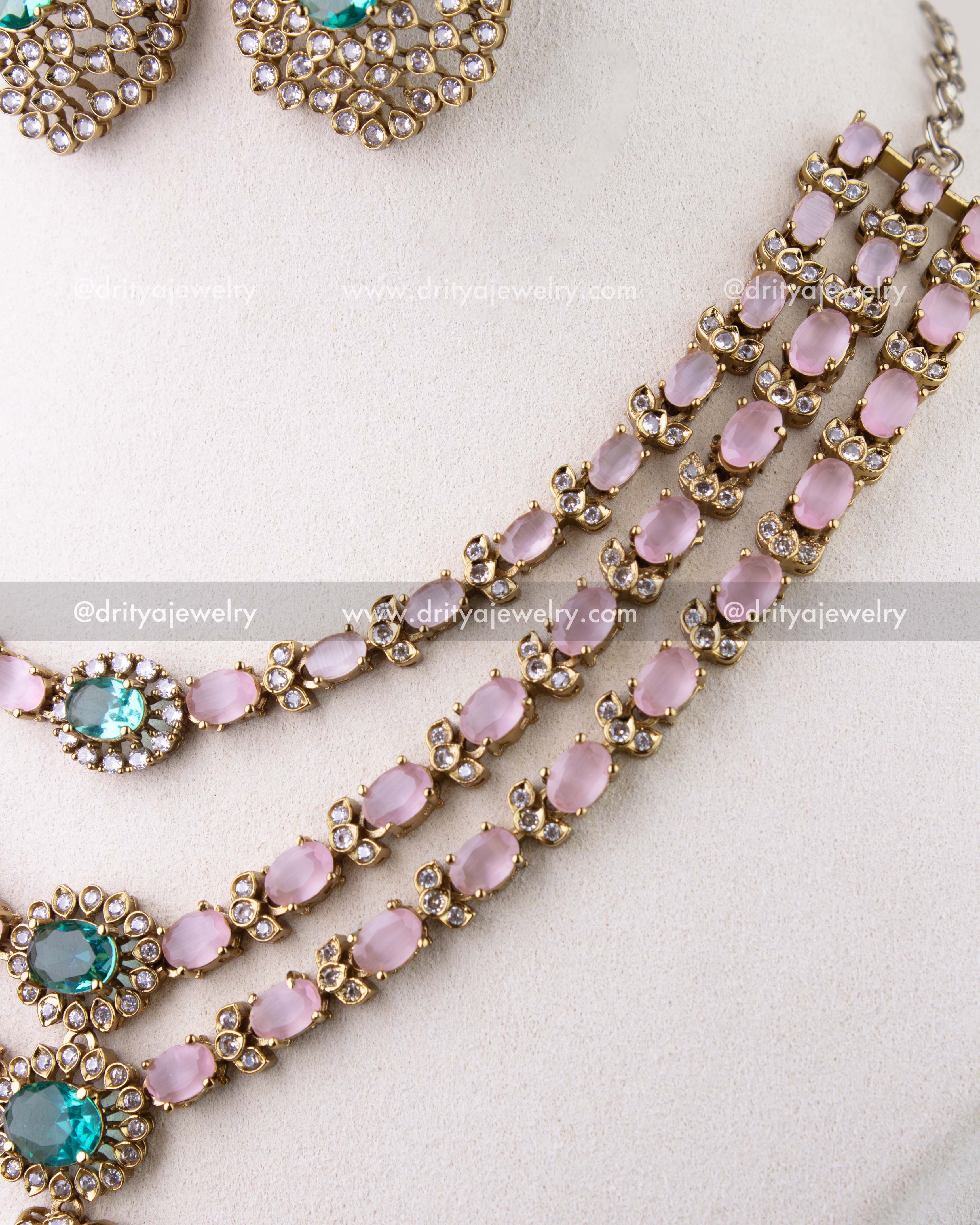 1296-BP multi-layer necklace side view showing pink stone strands
