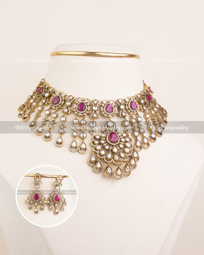 1237-P ruby pink Polki kundan choker necklace set with earrings front view on display bust