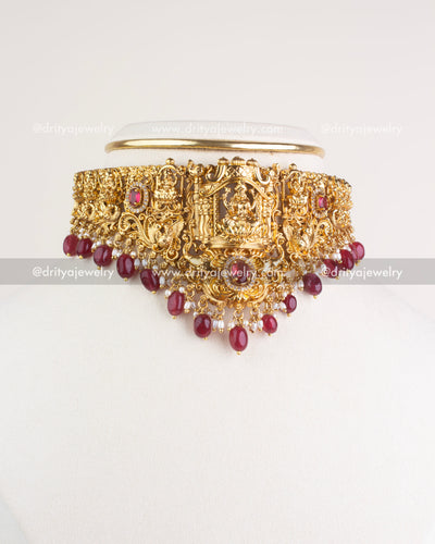 Full front view of temple choker necklace with layered ruby and pearl-like bead drops