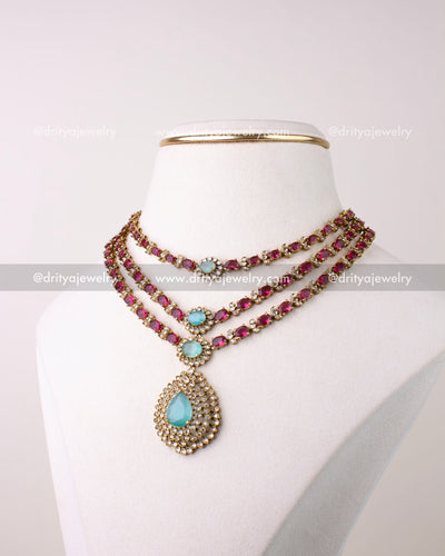 1296-R premium Victorian layered ruby and mint necklace front view on bust