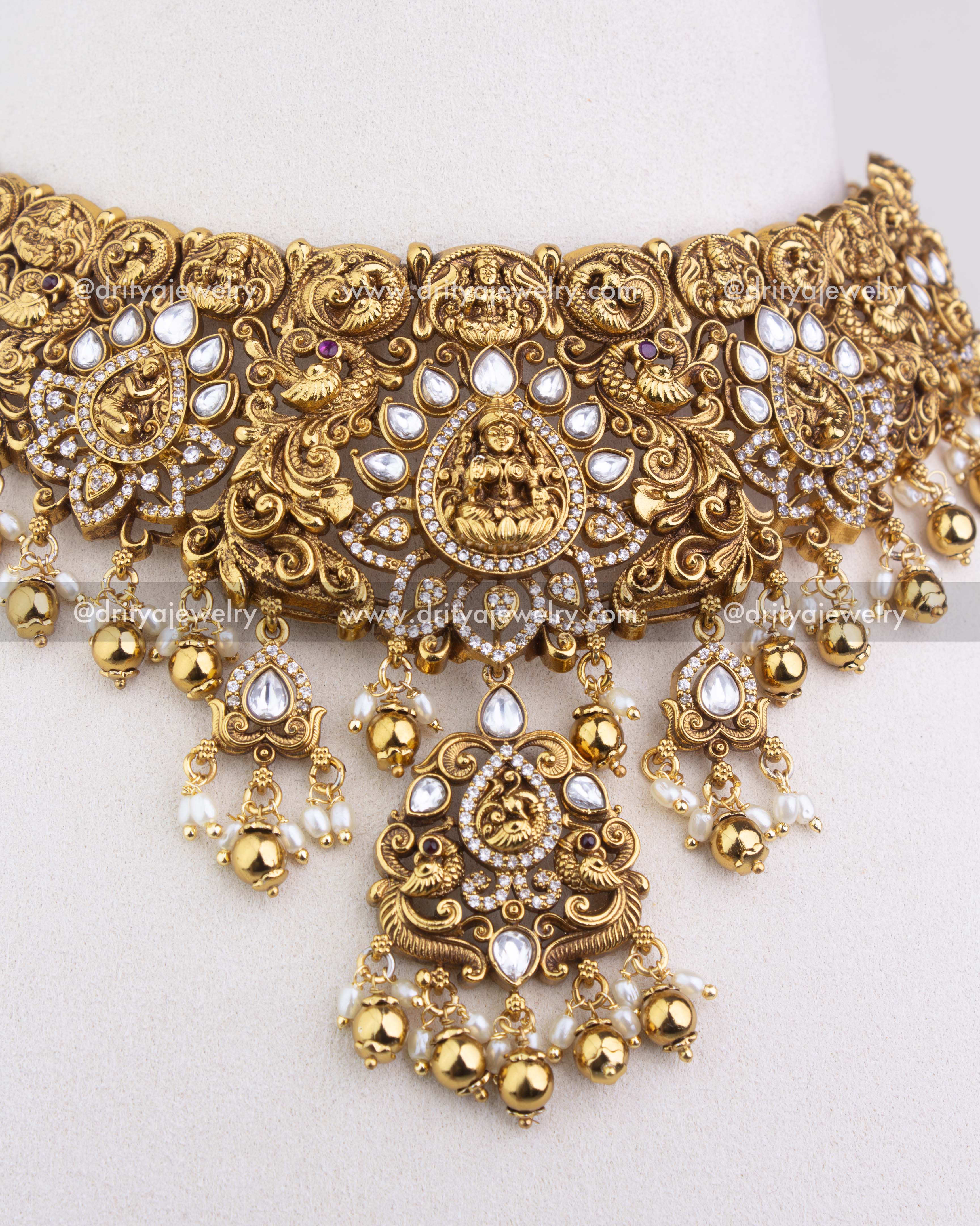 SKU 1251 detailed view of central god idol motif and hanging drops on choker