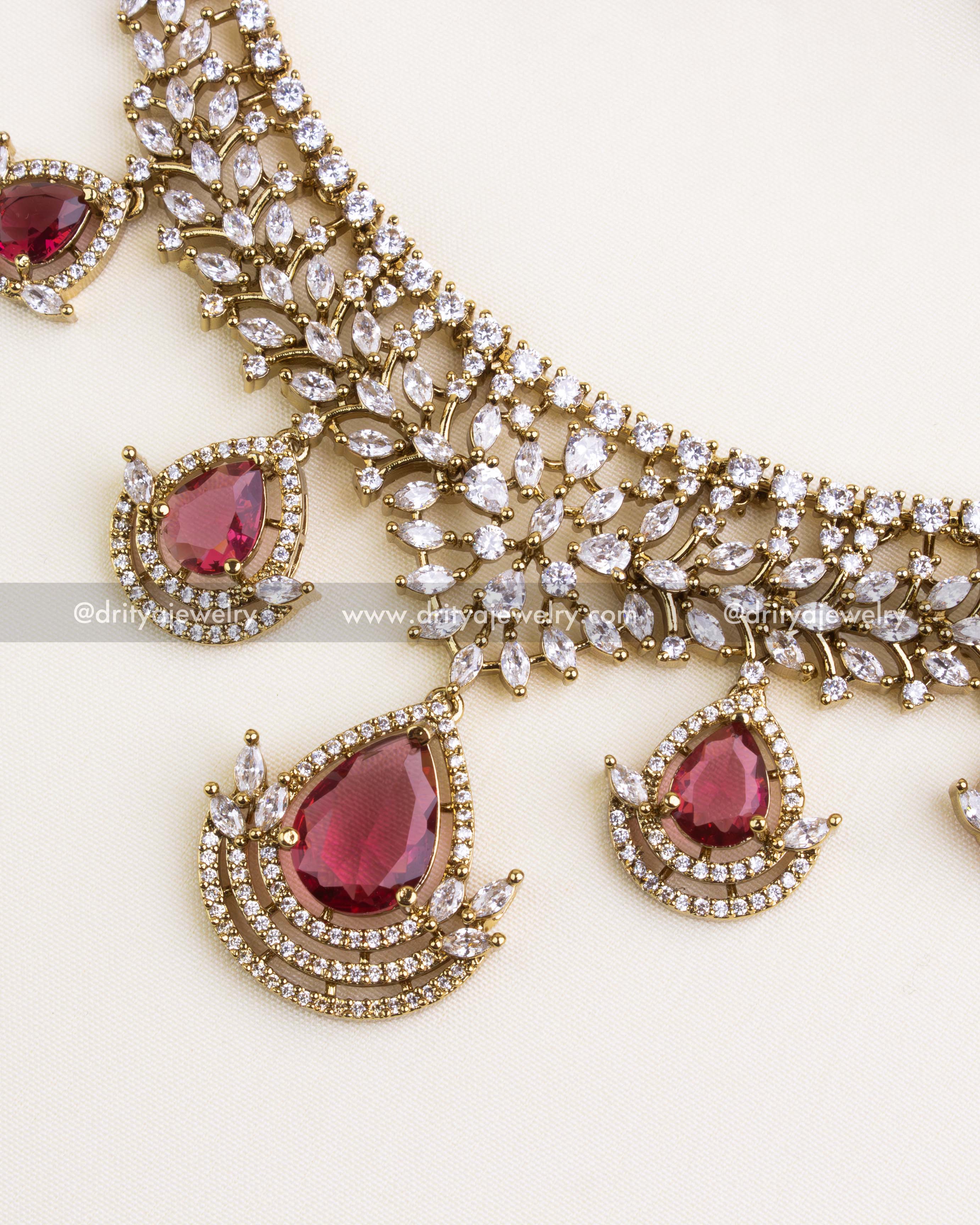 1187 - Detail view of Victorian CZ ruby drops on necklace