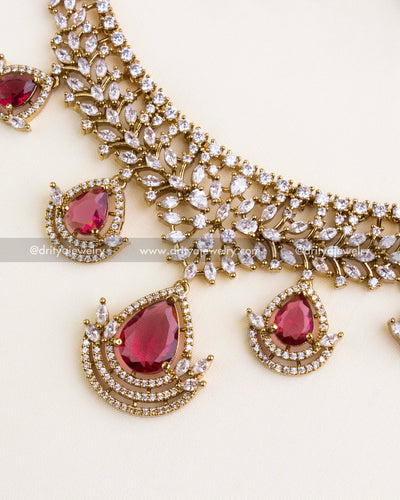 1187 - Detail view of Victorian CZ ruby drops on necklace