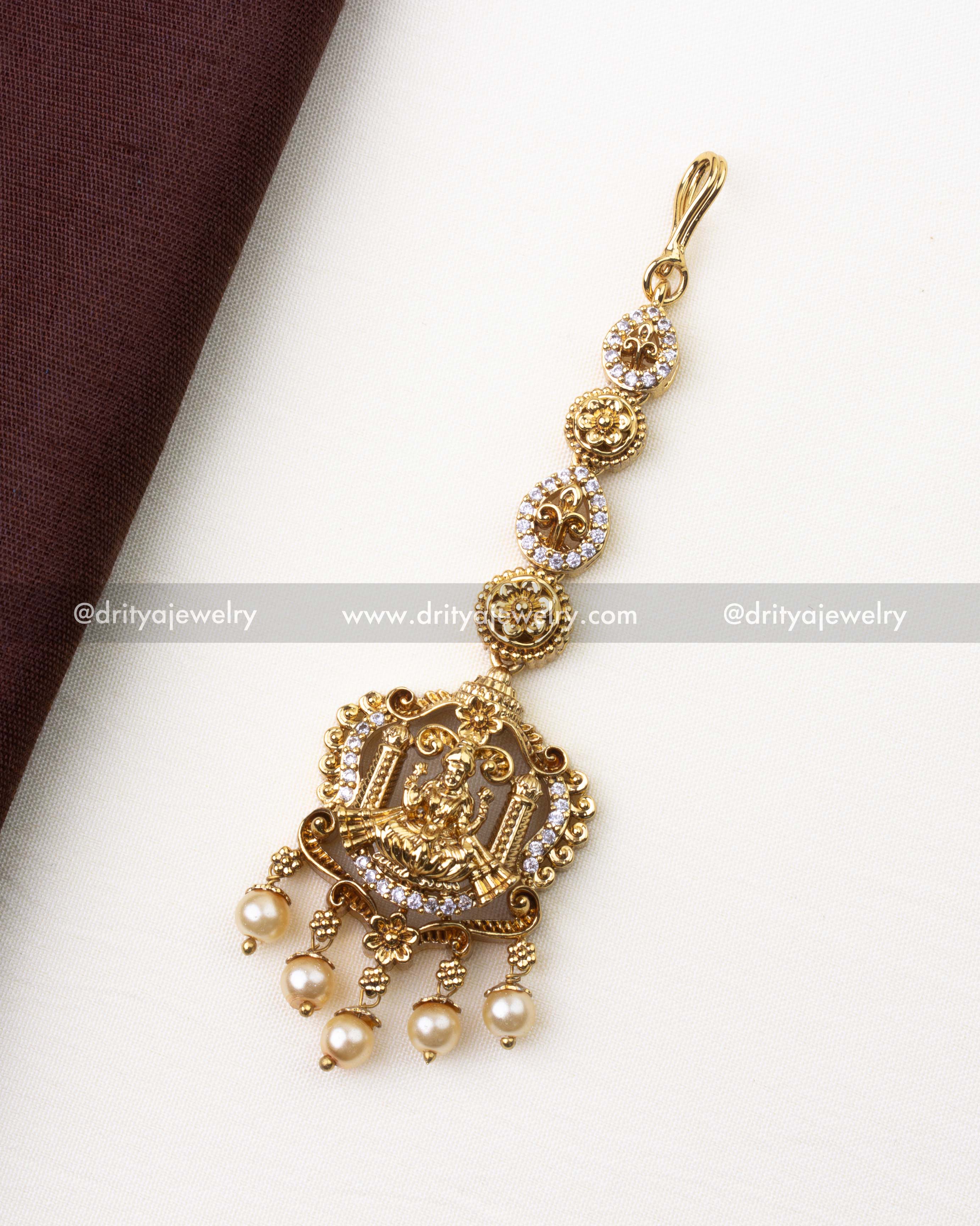 SKU 1224 temple-style god idol maang tikka with pearl drops front view