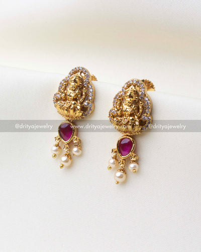1216-R Lakshmi temple stud earrings with ruby stones and pearl drops front view
