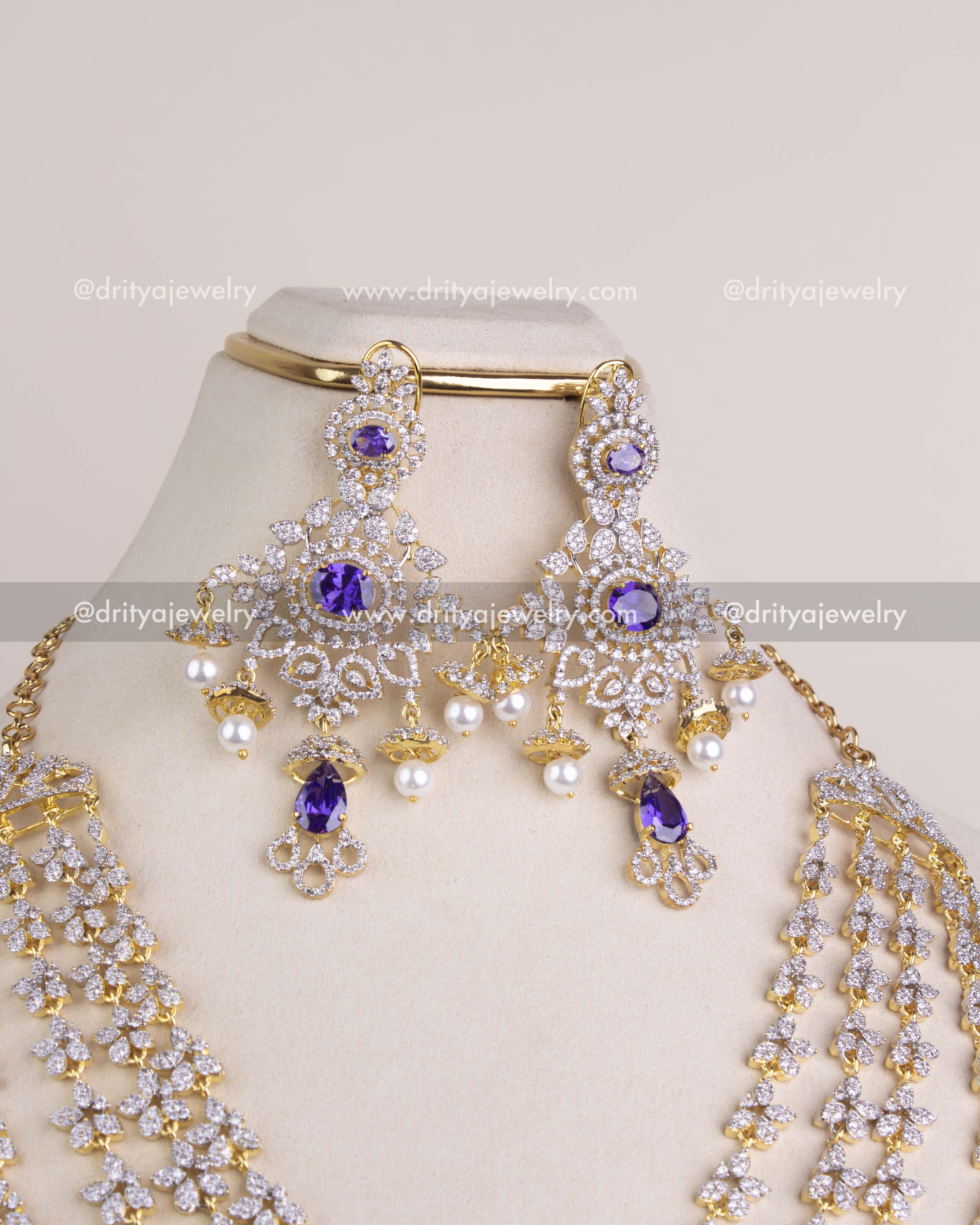 1230 - Matching purple stone dangler earrings with pearl drops close-up