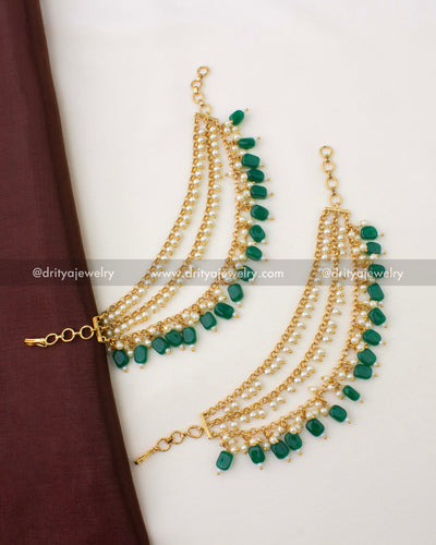SKU 1292 pair of emerald and pearl champaswaralu ear chains laid flat showing full design