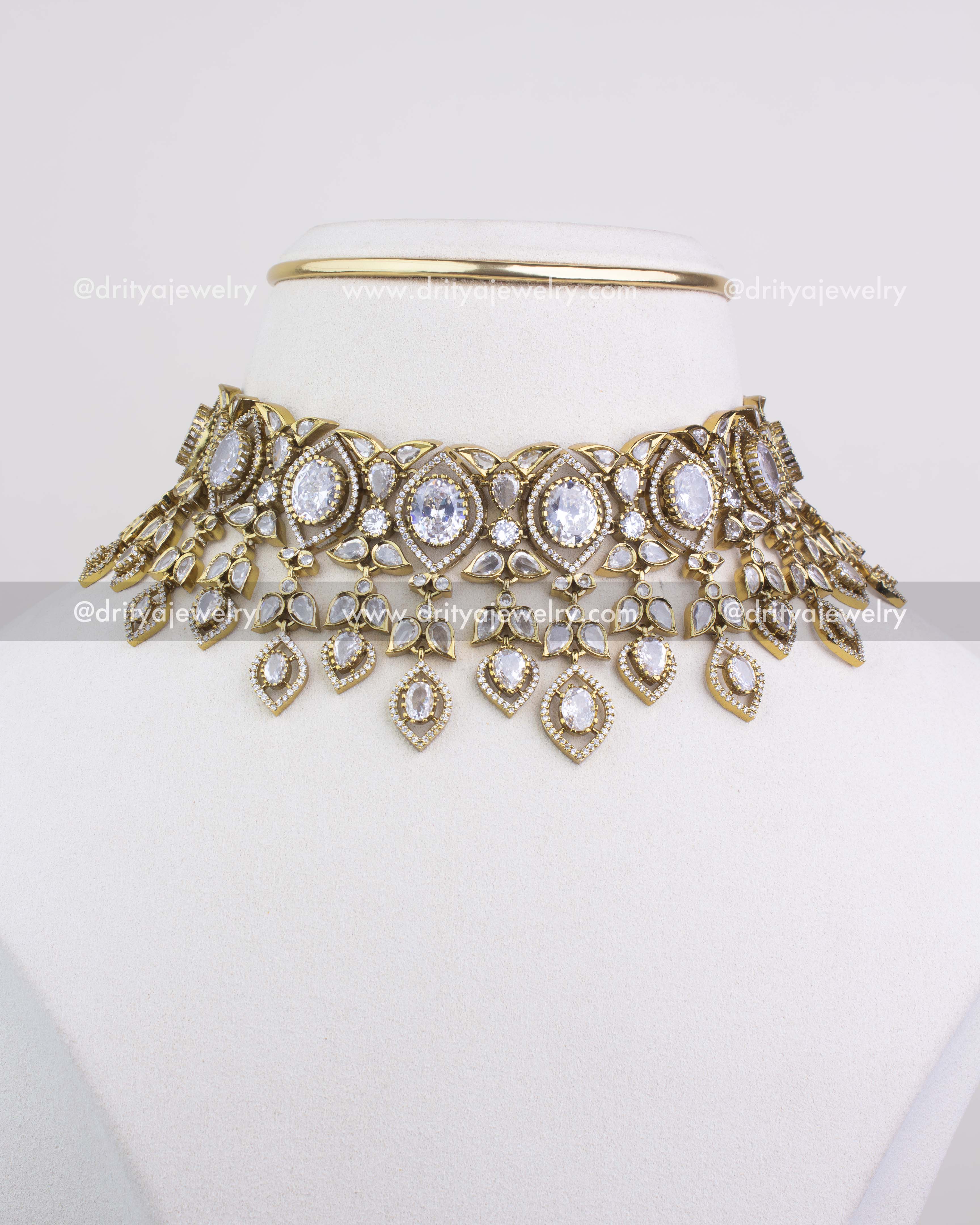1236-W full front view of premium Victorian choker necklace with layered stone drops
